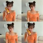 Plain Off-shoulder Short-sleeve Slim-fit Top