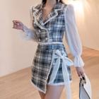 Set: Mesh-sleeve Double-breasted Plaid Blazer + Mini A-line Wrap Skirt