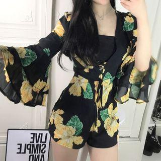 Floral Print Deep Plunge Bell-sleeve Playsuit