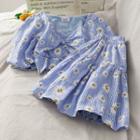 Set: Daisy-print Ruched Crop Top + Mini Skirt