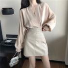V-neck Lantern-sleeve Blouse / High-waist Mini A-line Skirt