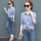 Stand-collar Long-sleeved Striped Sheath Blouse
