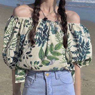 Puff-sleeve Print Blouse / Bucket Hat