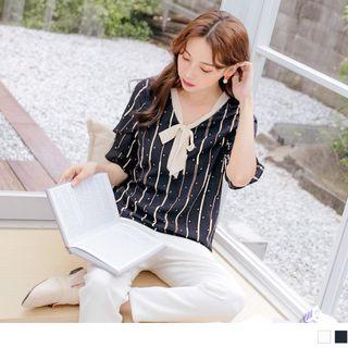 Ruffle Sleeve Printed Tie-neck Chiffon Top