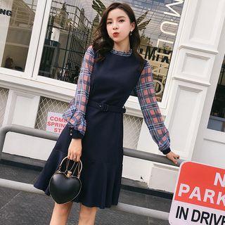 Belted Plaid Sleeve A-line Chiffon Dress