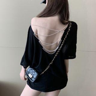 Short-sleeve Plain Open-back Pearl Chain T-shirt
