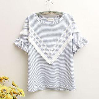 Short-sleeve Frill-trim Striped T-shirt