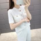Set: Short-sleeve Knit Top + Straight Fit Pants