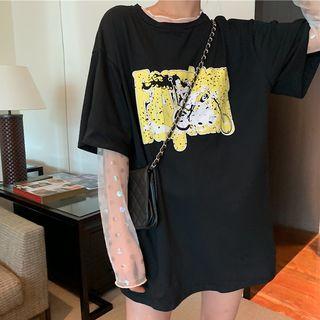Elbow-sleeve Print T-shirt / Long-sleeve Dotted Top