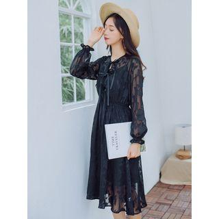 Set: Long-sleeve Midi A-line Lace Dress + Slipdress