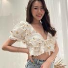 Puff-sleeve V-neck Flower Embroidered Cropped Blouse