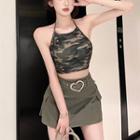 Camouflage Halter Cropped Tank Top / High-waist Skirt