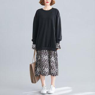 Mock Two-piece Leopard Print Sweatshirt Skirt