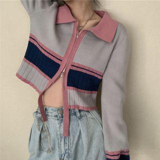 Striped Zip Collared Cardigan Pink & Blue & Gray - One Size
