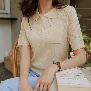 Pocket-front Cable-knit Polo Shirt