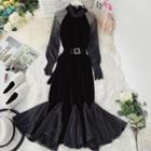 Long-sleeve Mesh Panel Midi Velvet Dress Black - One Size