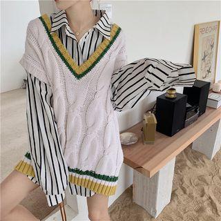 Striped Long-sleeve Loose-fit Shirt / V-neck Knit Vest