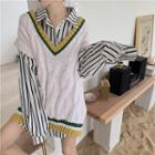 Striped Long-sleeve Loose-fit Shirt / V-neck Knit Vest