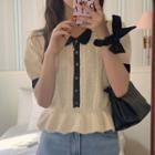 Short-sleeve Contrast Collar Knit Top Beige - One Size