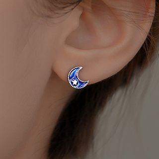 Moon & Planet Asymmetrical Sterling Silver Earring 1 Pair - Asymmetric - Silver & Blue - One Size
