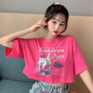 Short-sleeve Drink Print Cropped T-shirt