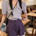 Puff-sleeve Plaid Peter Pan Collar Shirt / High-waist Color Block Pleated Mini Skirt