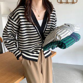 V-neck Striped Asymmetric Cardigan