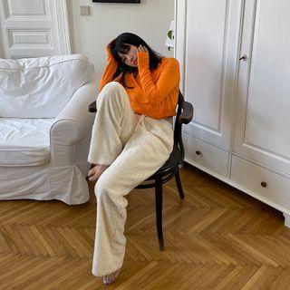 High Waist Faux Shearling Straight-cut Pants