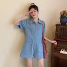 Short-sleeve Denim Wide-leg Playsuit / Belt