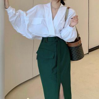 V-neck Plain Blouse / Side-slit Skirt