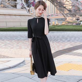 Elbow-sleeve Tie-front Cutout Midi A-line Dress