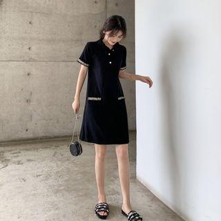 Short-sleeve Mini Knit Polo Dress Black - One Size