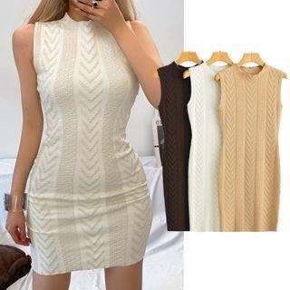 Sleeveless Mock-neck Knit Mini Sheath Dress