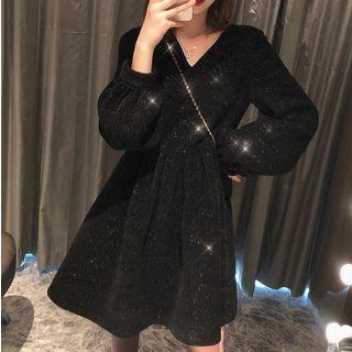 Glitter Long-sleeve A-line Mini Dress