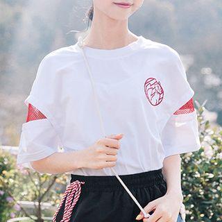 Fox Embroidered Mesh Panel Short-sleeve Top