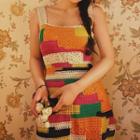 Sleeveless Color Block Crochet Knit Mini Sheath Dress Orange & Off-white & Pink - One Size