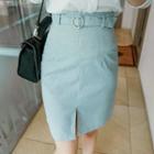 Slit-hem Check Cotton Mini Pencil Skirt With Belt