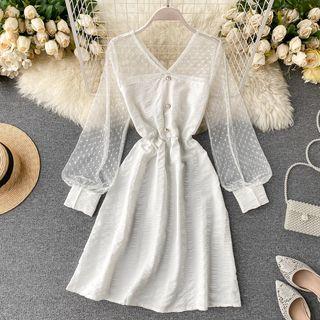 Mesh-sleeve Shirred Midi A-line Dress