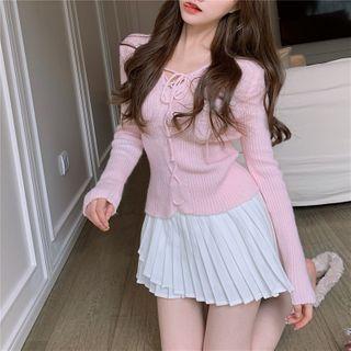 Plain V-neck Lace-up Knit Sweater