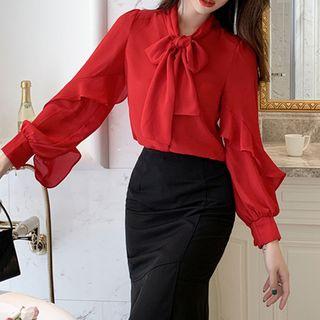 Bow Accent Blouse / Ruffle Hem Pencil Skirt