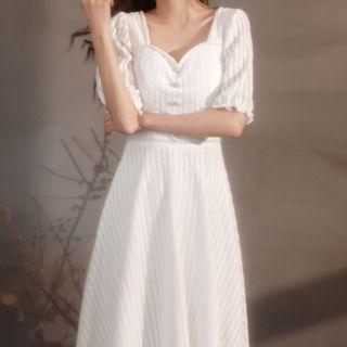 Short-sleeve Striped Square-neck A-line Dress