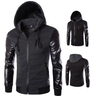 Faux Leather Sleeve Hooded Zip Jacket