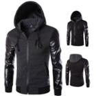 Faux Leather Sleeve Hooded Zip Jacket