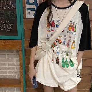 Color-block Picture Print Crewneck Short-sleeve Top