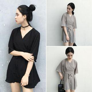 Elbow Sleeve Chiffon Dress With Sash