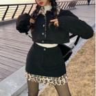 Long-sleeve Turtleneck T-shirt / Single-breasted Cropped Jacket / Leopard Print Panel Mini Pencil Skirt