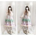 Rabbit Print Ruffle Trim Sleeveless Midi A-line Dress / Lace Trim Long-sleeve Top