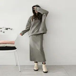 Set: Napped Hoodie + Band-waist Skirt