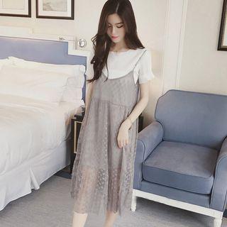 Set: Short-sleeve T-shirt + Lace Strappy Midi Dress