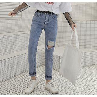 Rose Embroidered Back Ripped Straight-cut Jeans